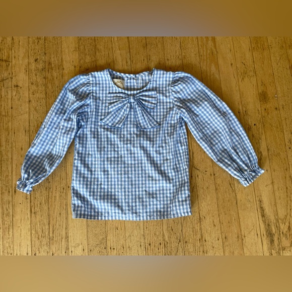 Blue Gingham puff Sleeve Blouse with Bow - Picture 1 of 11